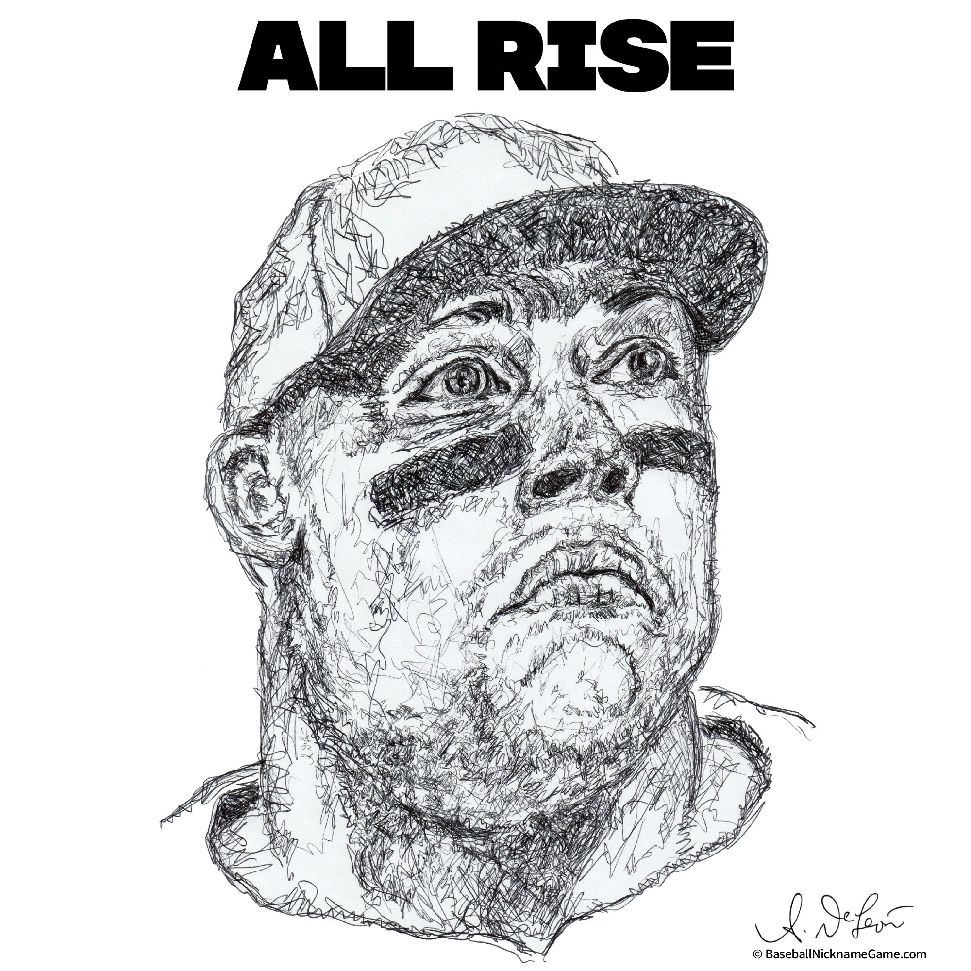 Scribble-style ballpoint pen portrait of Aaron Judge, known as 'All Rise'