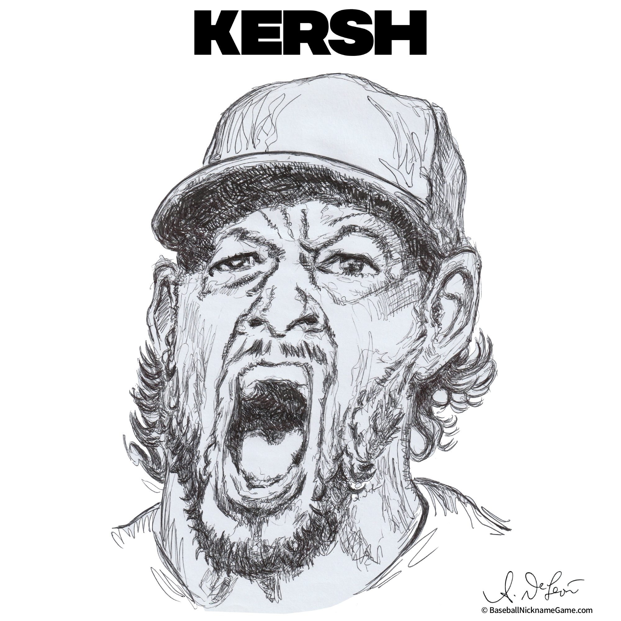 Detailed ballpoint pen drawing of Clayton Kershaw, 'Kersh'