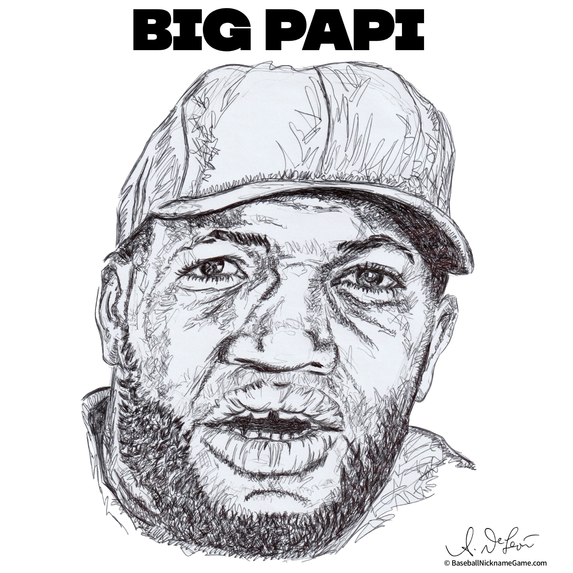 Detailed ballpoint pen drawing of David Ortiz, 'Big Papi'