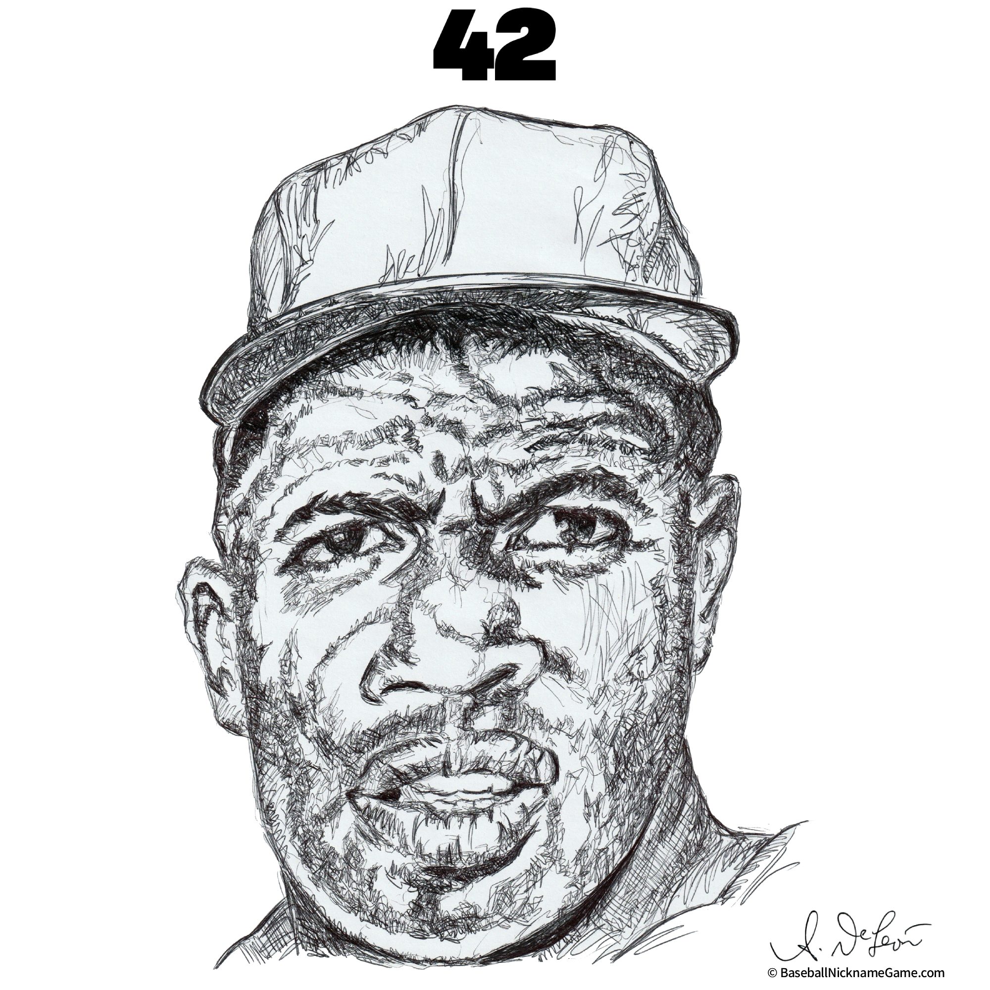 Hand-drawn ballpoint pen portrait of Jackie Robinson, known as '42'