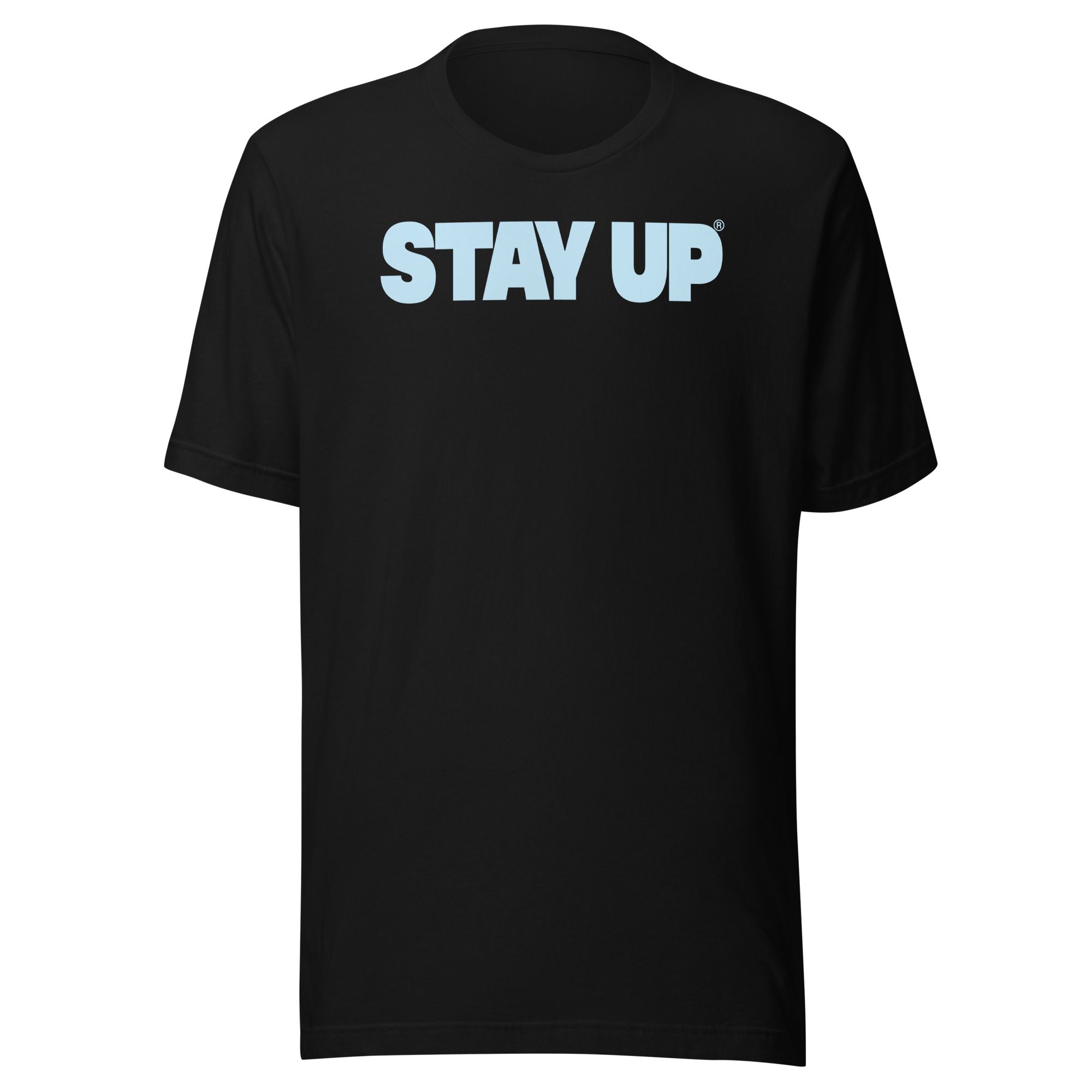 Light Blue on Black Stay Up Adventure Collection t-shirt
