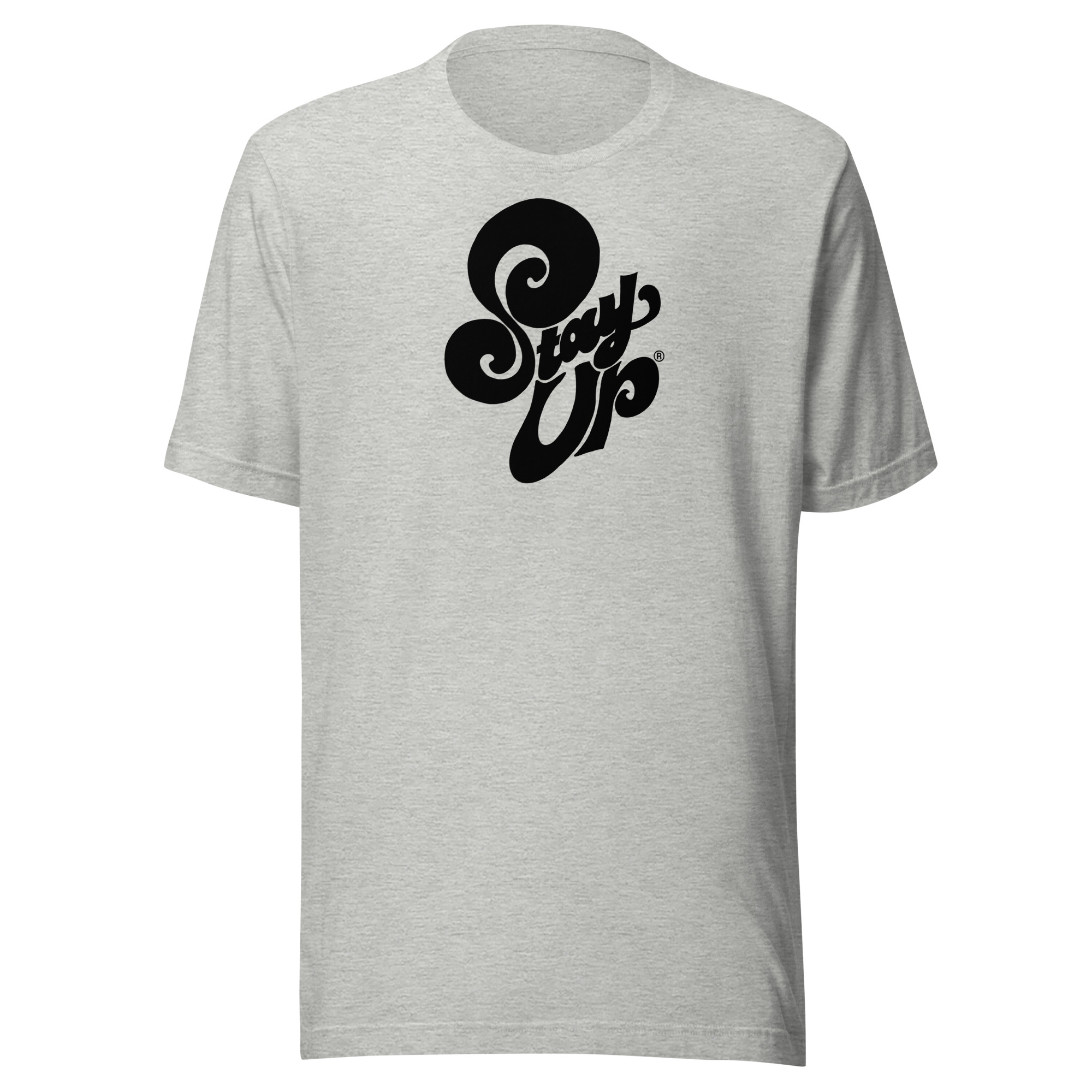 Full-view image of the Stay Up tee featuring the black curvy logo design, showcasing its bold and modern streetwear style