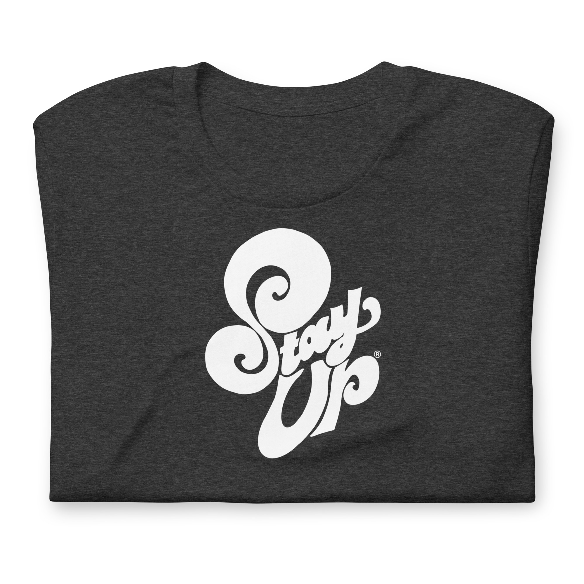 lose-up detail of the Stay Up tee featuring the white curvy logo, highlighting the print clarity and premium cotton texture.