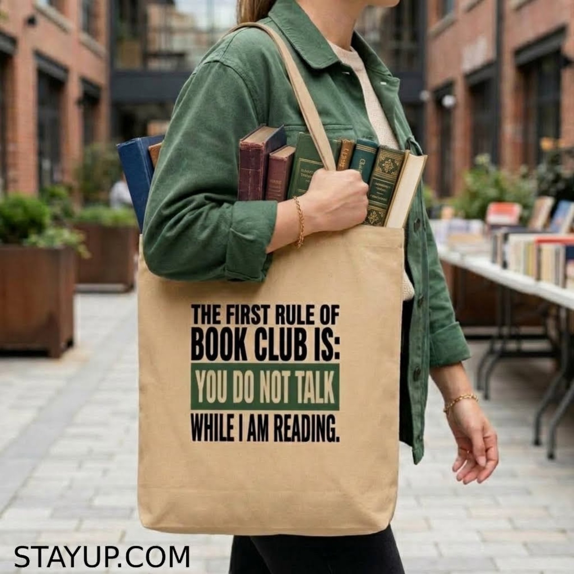 Stay Up Clothing Tote Bag with First Rule of Book Club Design